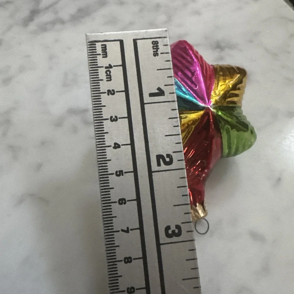 Pair Vintage Blown Glass Christmas Ornaments Six-Pointed Star Multi Color Ribbed